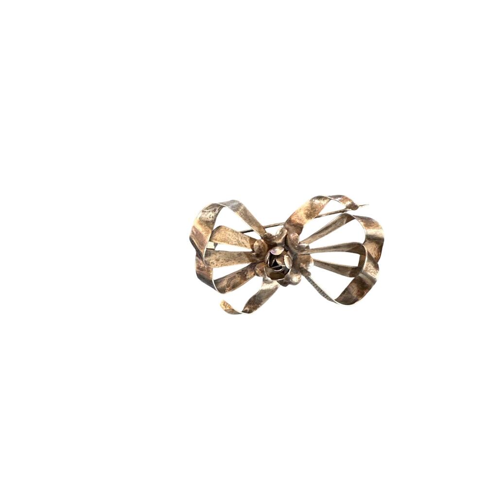 Art Nouveau Sterling Wrapped Ribbon, Bow and Flower Brooch Great Patina.